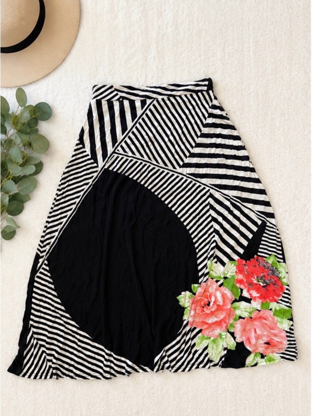 Hannah Black White Striped Floral Midi Skirt Size Large